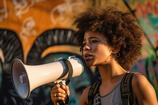 Young African American woman shouting through megaphone while being on anti-racism protest