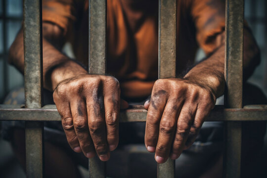 Man behind prison bars. Men's hands rest on the bars of a prison or prison cell. Conclusion concept. Crime and Punishment. Close-up. Repression. Justice.