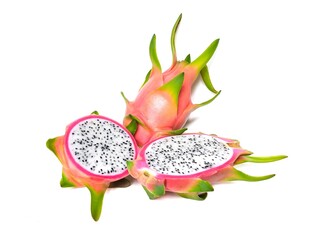 Fresh and Juicy Pink Organic Dragon Fruit White flesh and black seeds, colorful colors, isolated on...