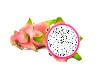 Fresh and Juicy Pink Organic Dragon Fruit White flesh and black seeds, colorful colors, isolated on a white background.