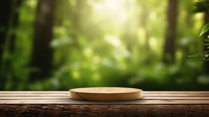 Wood plank and podium in green forest background,3D widescreen background product presentation and Innovation from the nature, cosmetic and product presentation with natural concept ,Generative AI