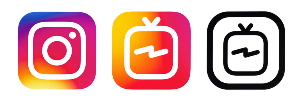 Kiev, Ukraine - July 07, 2018: Popular social media: Instagram icon and Instagram IGTV icon printed on white paper.