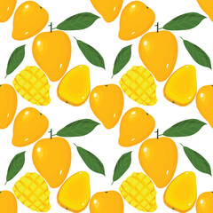 Seamless pattern of mangos, fruits, and vegetables. Creative texture for fabric, packaging, textiles, wallpaper, and clothing. Vector illustration for kids. Cute fruit background.