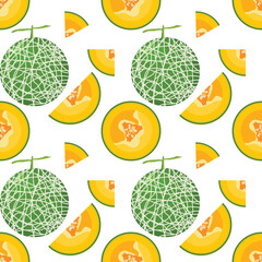 Seamless pattern of cantaloupe, melon, fruits, and vegetables. Creative texture for fabric, packaging, textiles, wallpaper, and clothing. Vector illustration for kids.