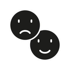 Positive and Negative and Smiley Silhouette Icon. Happy Smile and Sad Face Glyph Pictogram. Good and Unhappy Emoticon Solid Symbol. Feedback Sign. Isolated Vector Illustration