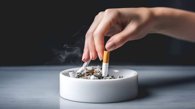 Une personne &eacute;crasant une cigarette dans un cendrier.