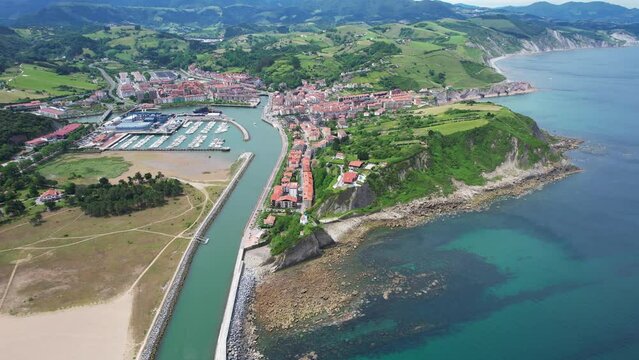 Aerial view of Zumaia Itzurun in the Costa Verde region of Spain during summer