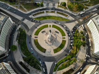 Marquis of Pombal square in Lisboa. Aerial drone view. Flying over. View from top down.