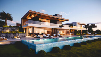 Une villa de luxe avec une piscine. En arrière-plan, un coucher de soleil.  - 627730883