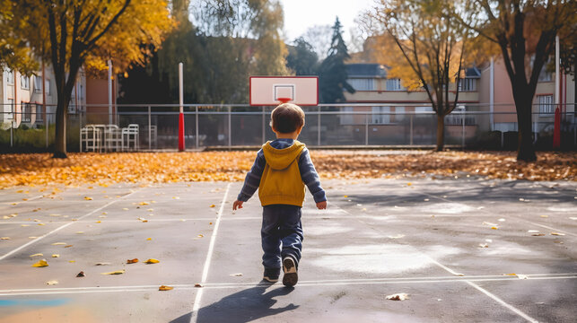 Un garçon seul dans la cour d'une école en train de faire du sport.