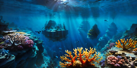 Undewater world landscape, reef, sea bottom with corals and seaweeds - obrazy, fototapety, plakaty