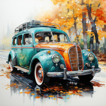 Watercolor vintage car on the autumn road. AI generative.