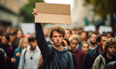 A political activist protesting holding a blank placard sign banner at a protest - obrazy, fototapety, plakaty