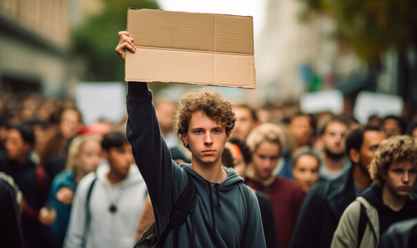 A political activist protesting holding a blank placard sign banner at a protest