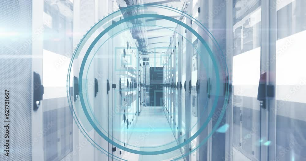 Poster animation of cyber security text banner and qr code scanner and light trails against server room