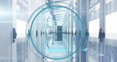 Animation of cyber security text banner and qr code scanner and light trails against server room - Powered by Adobe