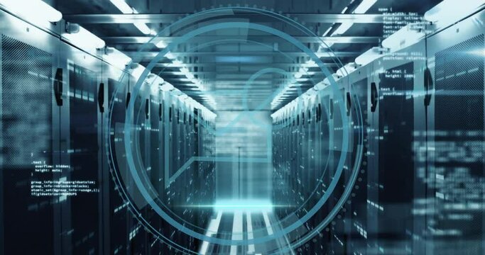 Animation of cyber security text banner, mosaic squares and message block icon against server room