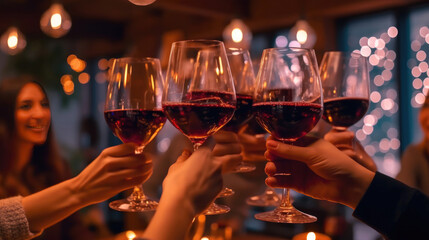 Young people holding up and cheering red wine glasses