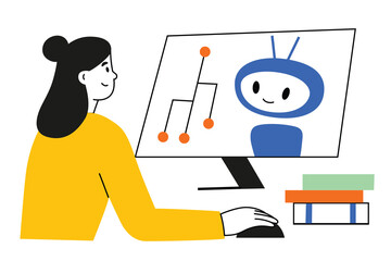 Machine learning online courses, female student studying artificial intelligence, communicating with robot on screen, AI training hand drawn composition, distant education concept, vector illustration