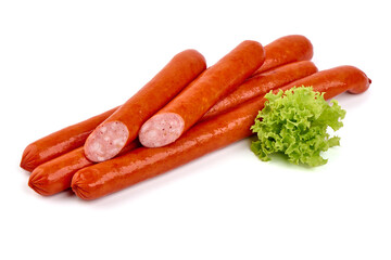 Smoked Hot dog sausages, isolated on white background. High resolution image.