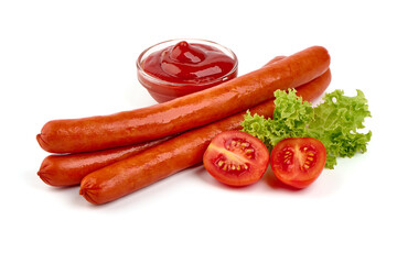 Smoked Hot dog sausages, isolated on white background. High resolution image.