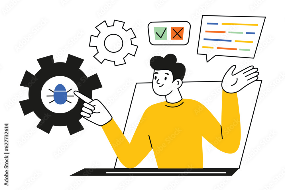 Poster software tester online courses, teacher on screen shows how to find bugs in code, hand drawn composi
