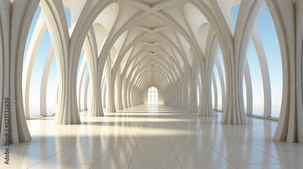 Poster an empty room with arches and columns.