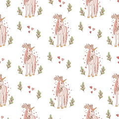 seamless texture, unicorn with horns, hearts and branches