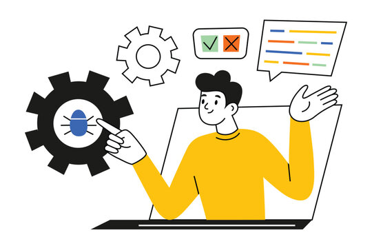 Software tester online courses, teacher on screen shows how to find bugs in code, hand drawn composition, distant education concept, IT profession lessons, vector illustration, colored clipart