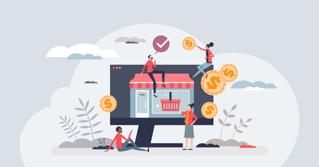 Online business as ecommerce shopping business model tiny person concept. Sell products on internet using website and digital payment systems vector illustration. Retail company with web shop service