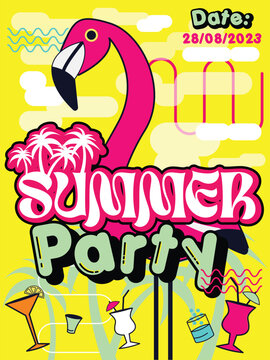 Summer party invitation flyer with a flamingo, drinks, cocktails, clouds, graphic elements, palm trees, and logo in hot pink, yellow and green.