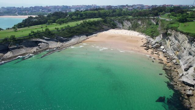 Santander, Spain - Aerial view of the beaches, parks and golf course on the coast of the beautiful Costa Verde City of Santander in northern Spain