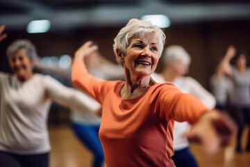 Group of smiling senior people dancing while enjoying activities in retirement home - concept - obrazy, fototapety, plakaty