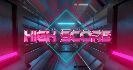 Animation of high score text banner over abstract neon shapes against tunnel in seamless pattern - Powered by Adobe
