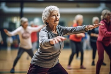 Group of smiling senior people dancing while enjoying activities in retirement home - concept