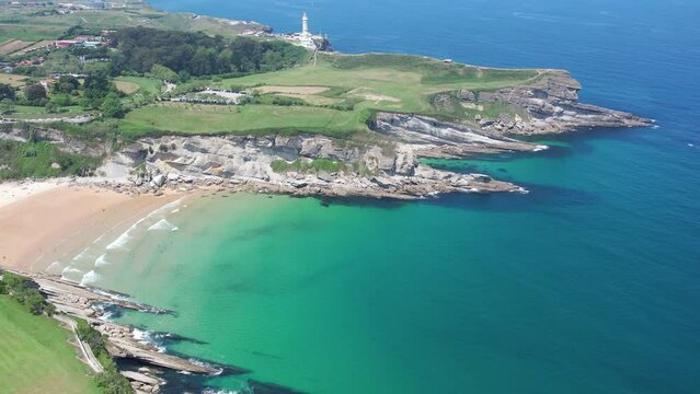 Santander, Spain - Aerial view of the beaches, parks and golf course on the coast of the beautiful Costa Verde City of Santander in northern Spain