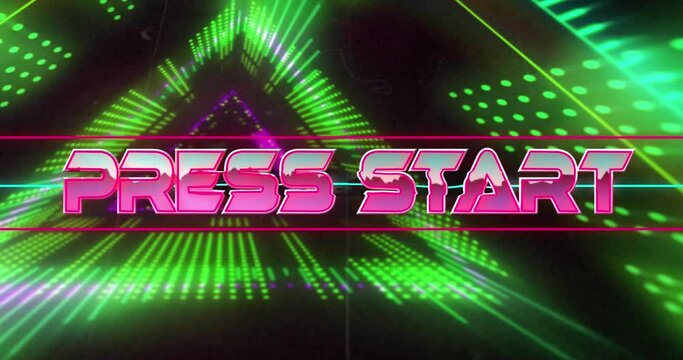 Animation of press start text banner against neon abstract shapes in seamless pattern - Powered by Adobe