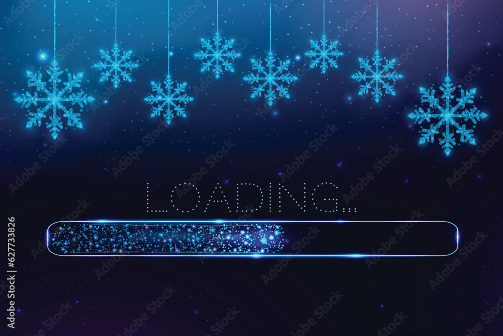 Poster wireframe snowflakes and loading bar, low poly style. merry christmas and new year banner. abstract 