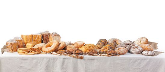 Different types of artisan craft bread in bakery store shelves on white isolated background