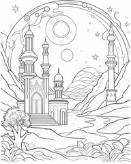 mosque at sunset illustration for coloring, create using generative AI
