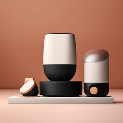 A couple of speakers sitting on top of a table.