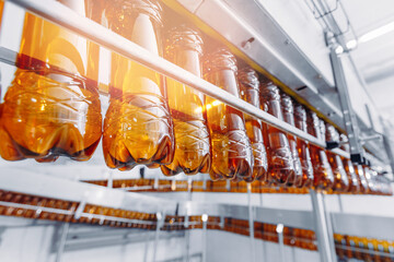 Brown plastic beer bottles moving on conveyor. Concept production line of brewery, modern food...