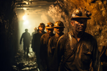 Fototapeta premium Coal miners walking through the tunnel in a mine. Generative AI.