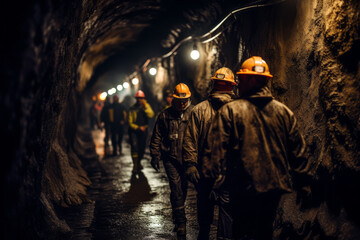 Fototapeta na wymiar Coal miners walking through the tunnel in a mine. Generative AI.