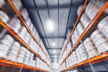 Warehouse of modern brewery stock industry factory, blurred background with sunlight