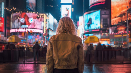 Fototapeta premium Back view of a woman at times square new york at Night