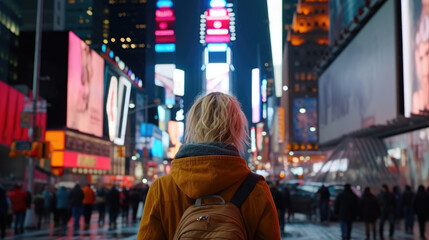 Obraz premium Back view of a woman at times square new york at Night