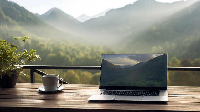 The laptop and coffee on the table blend with the misty mountain scenery in the background
