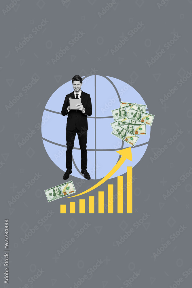 Aufkleber banner image collage artwork sketch of successful handsome man agent browsing ipad btc rate growth u
