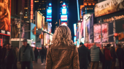 Obraz premium Back view of a woman at times square new york at Night